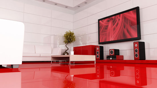 Интерьер красно-белой гостиной в стиле минимализм