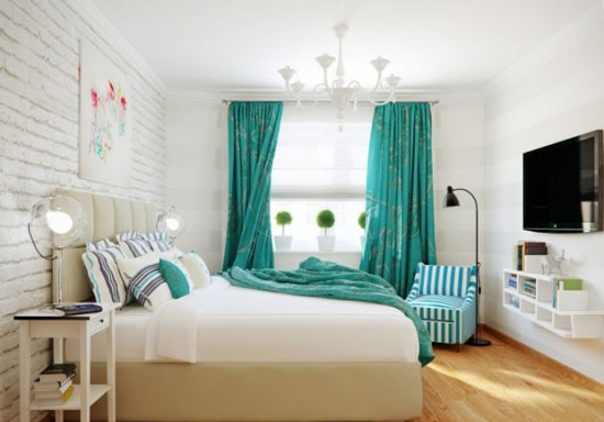 Сочетание бирюзового цвета с белым в интерьере спальни 