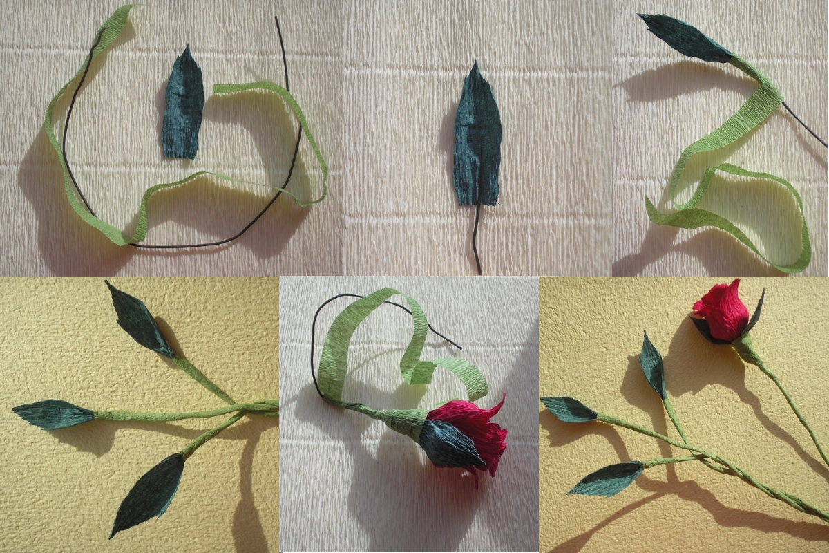 Пошаговое изготовление стебля розы из гофрированной бумаги