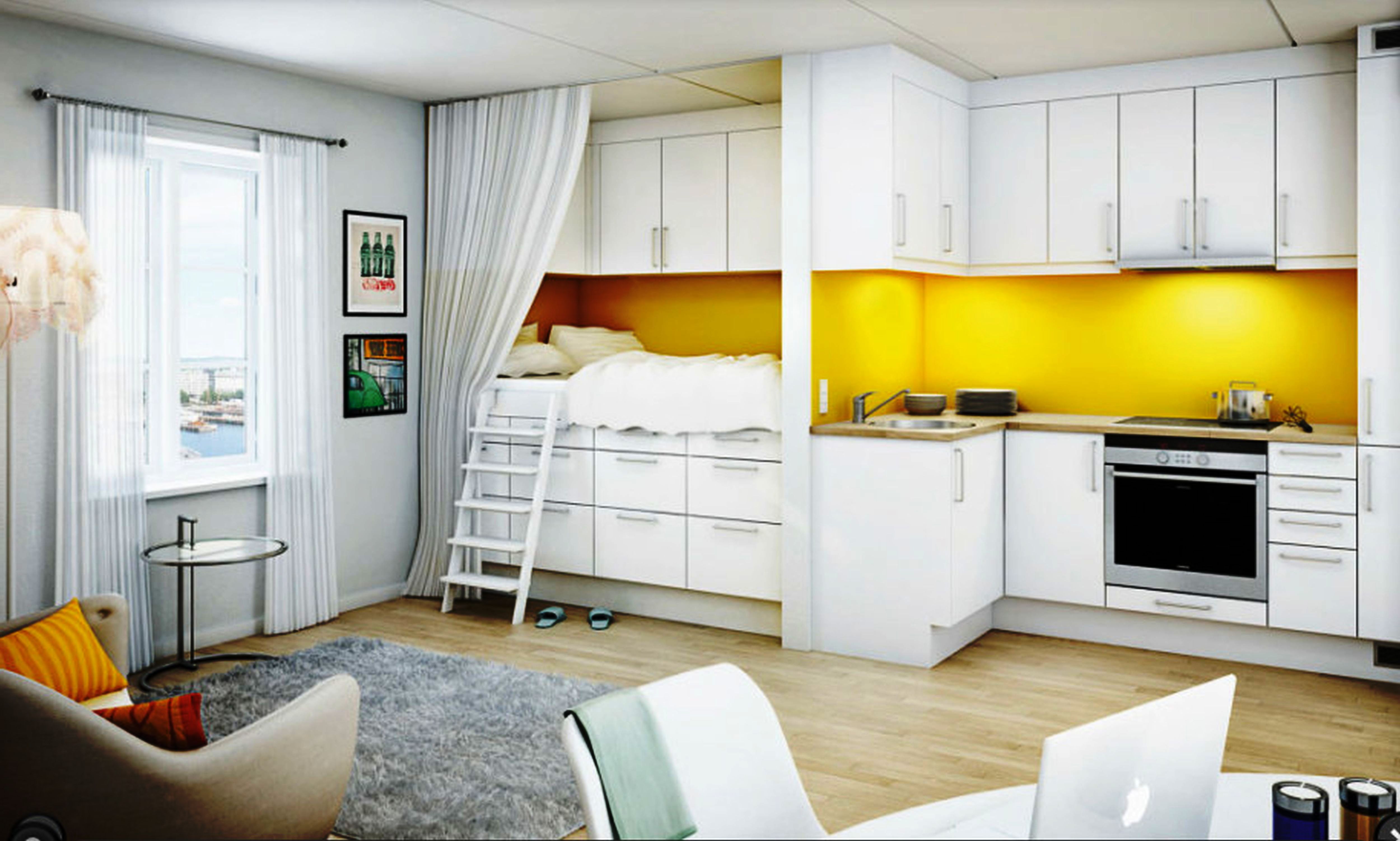 Как правило дизайн квартиры-студии 18 кв. м предполагает отсутствие перегородки между кухней и основным жилым пространством
